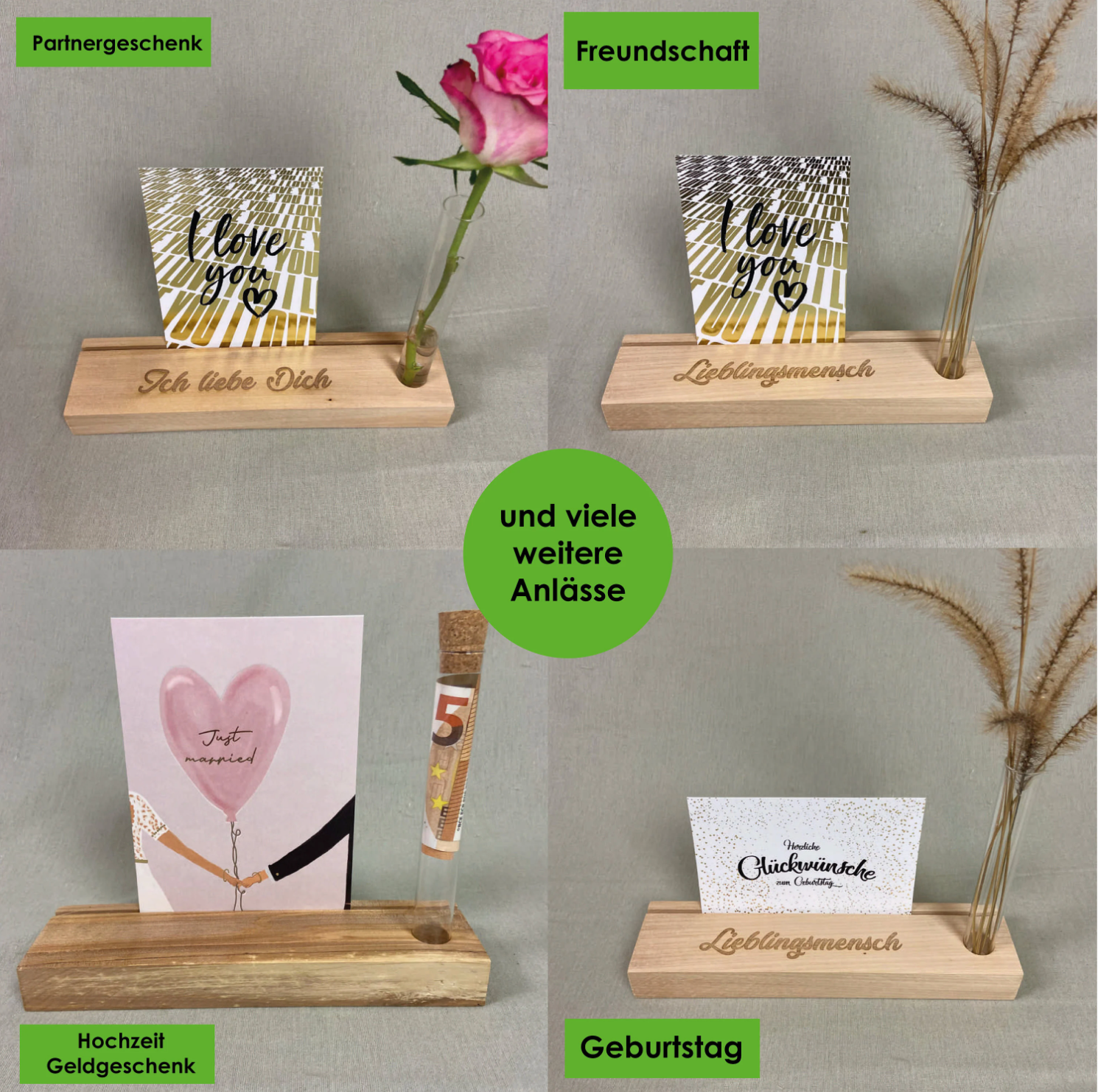 Kartenhalter mit Gravur und Blumenvase