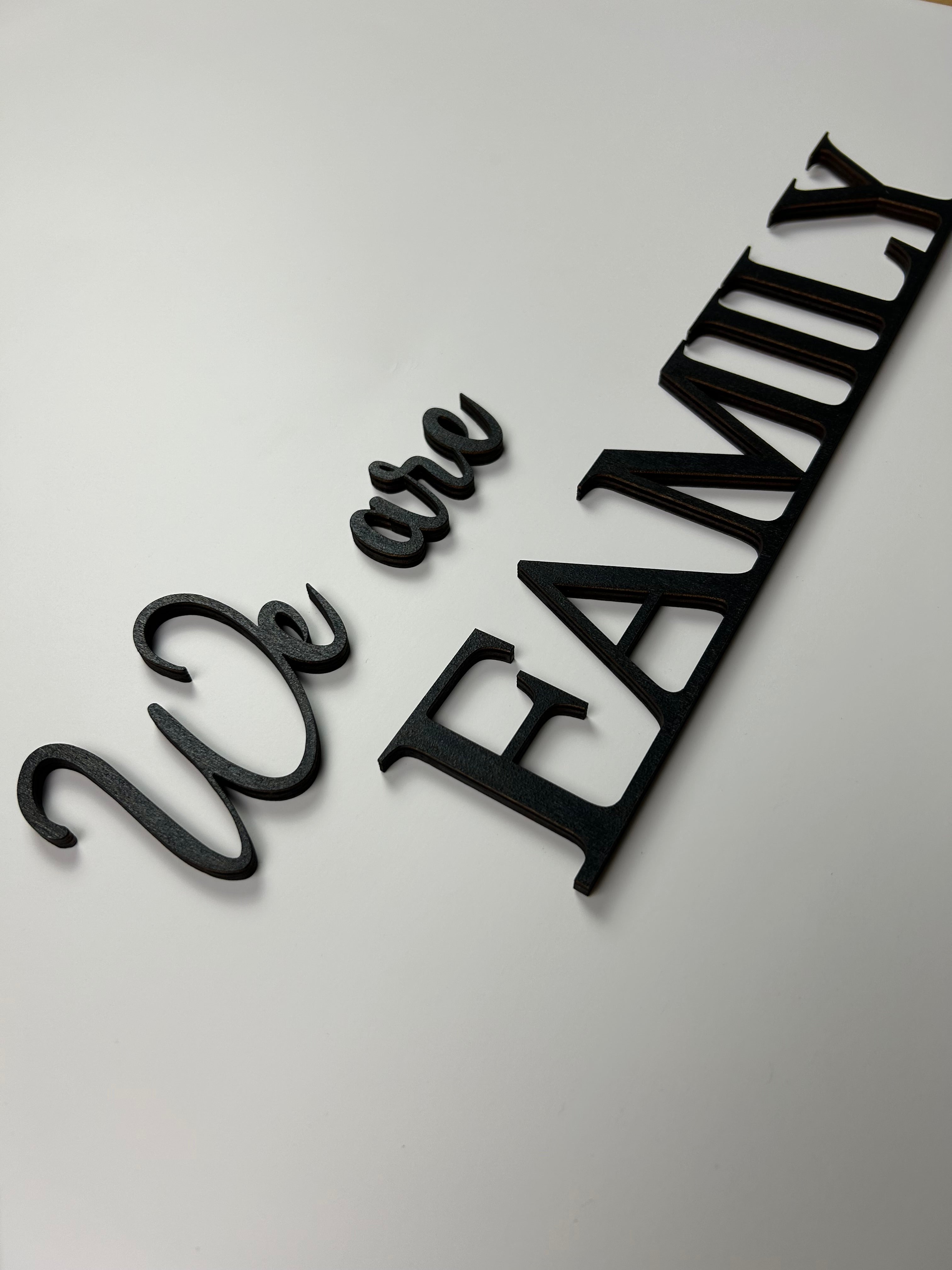 Schriftzug 3D aus Holz "We are FAMILY"