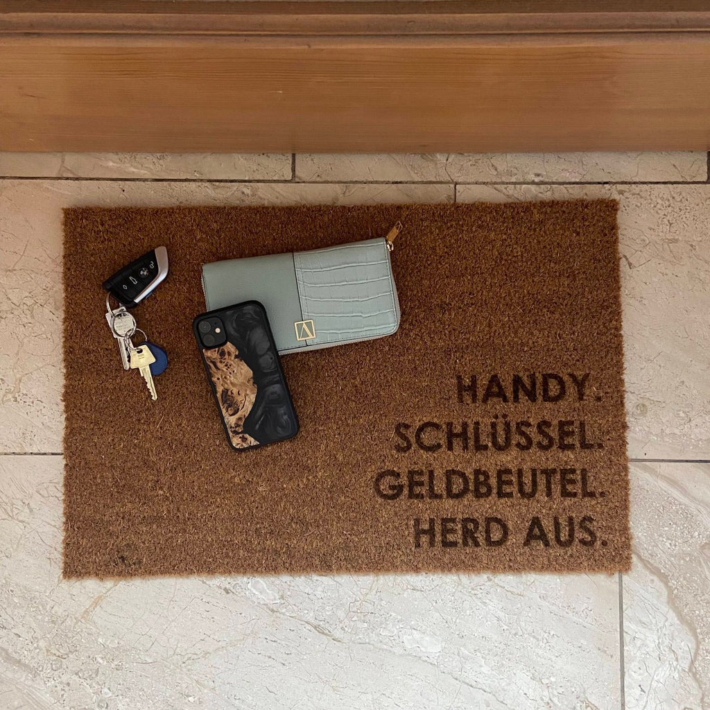 Fußmatte Kokos "Handy Schlüssel Geldbeutel Herd aus"