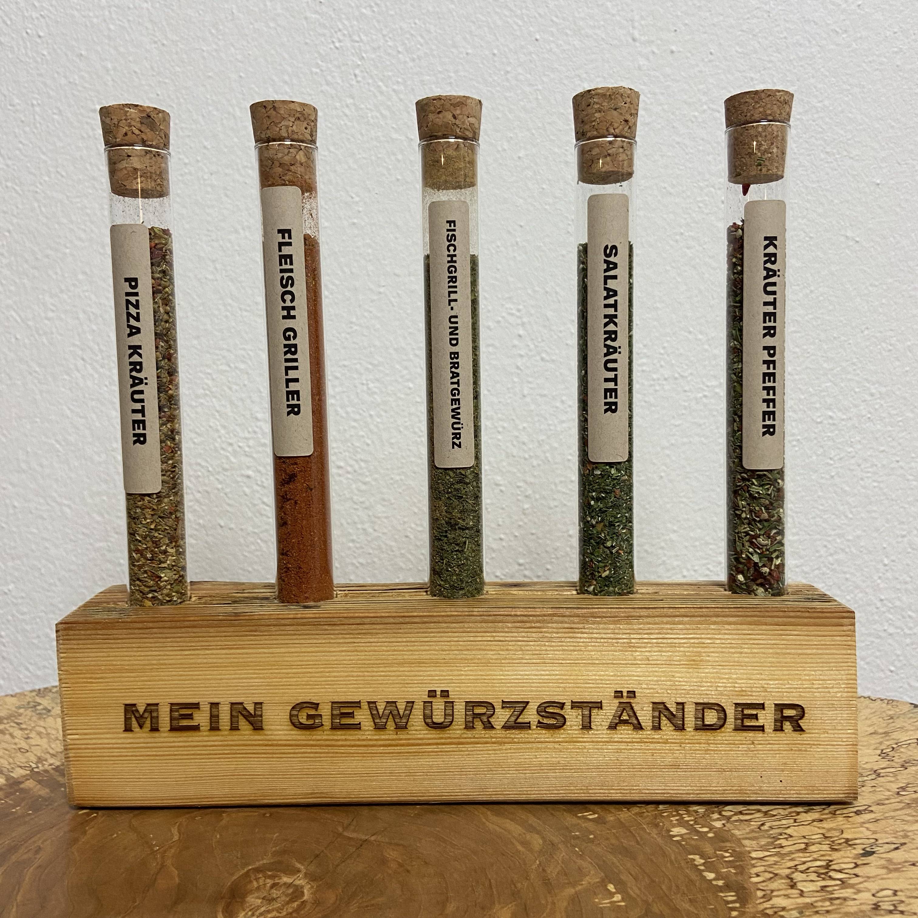 Gewürzständer klein 5er personalisiert, Gewürzregal aus Altholz