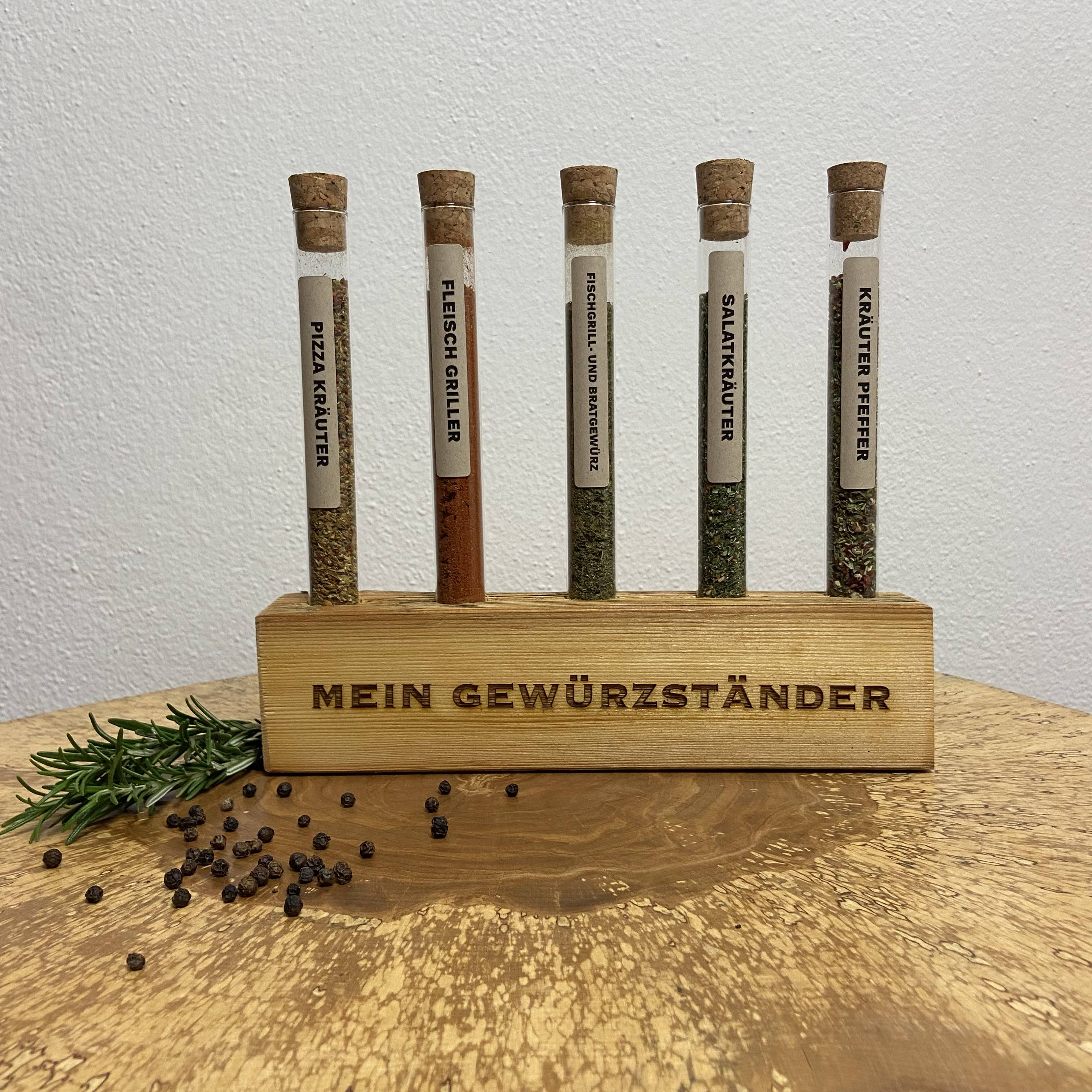 Gewürzständer klein 5er personalisiert, Gewürzregal aus Altholz – Freudenbringer
